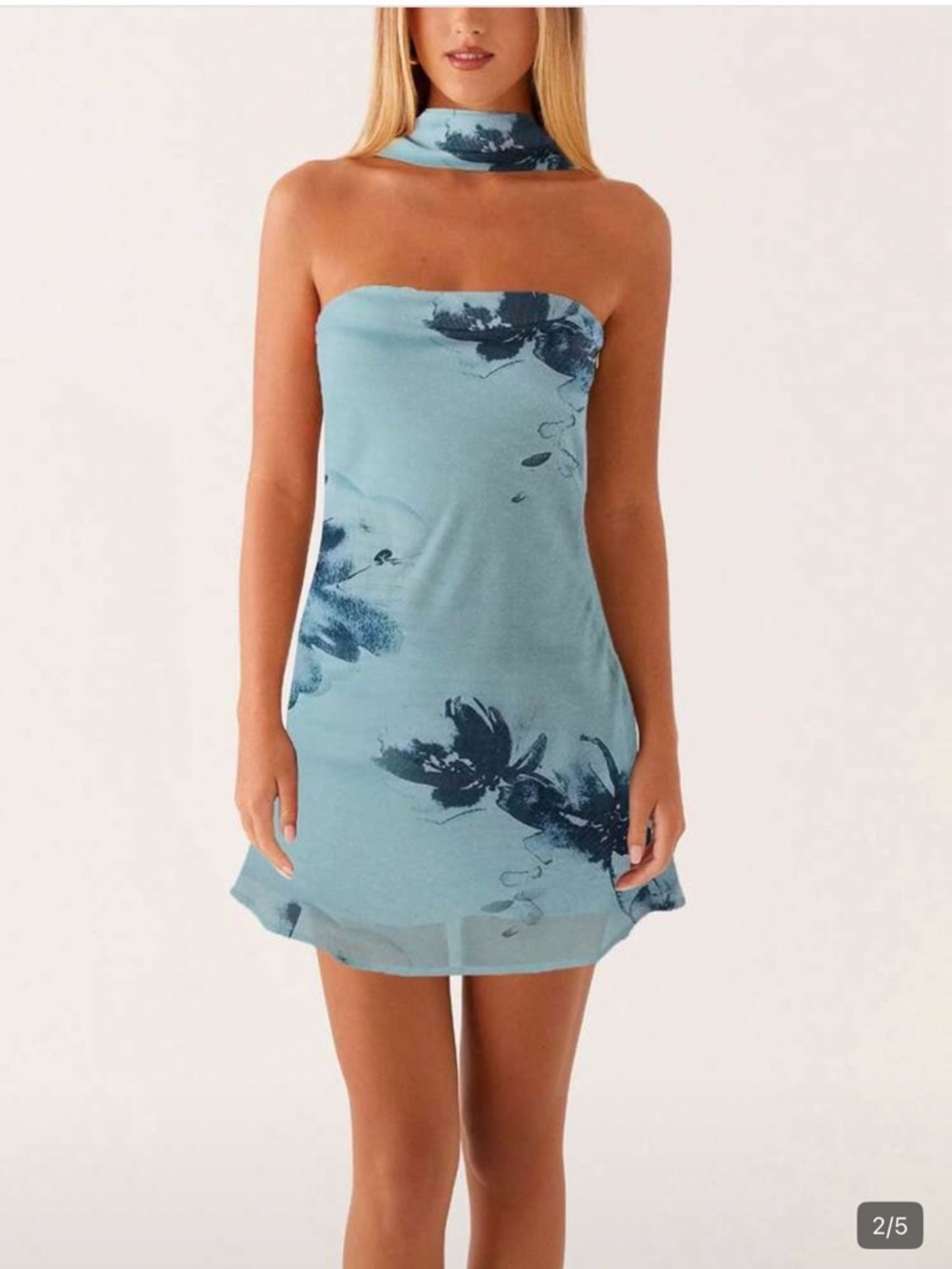 Light Blue Strapless Floral Chiffon Mini Dress